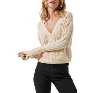 ASTR the Label XL Wrap Front Pointelle Knit Sweater Cream Long Sleeve V-neck NWT